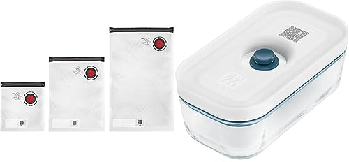 ZWILLING Fresh & Save Ensemble de sachets sous Vide, sachets de Conservation avec Fermeture à glissière, 3 Tailles S, M, L, 10 unités & Boîte Sous-Vide, Verre, La Mer, S