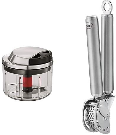 RÖSLE Hachoir multifonctionnel coupe-légume haut de gamme pour fruits et légumes, extra tranchant & Presse-ail avec Racloir - Presse de Qualité Professionnelle pour Gingembre et Ail