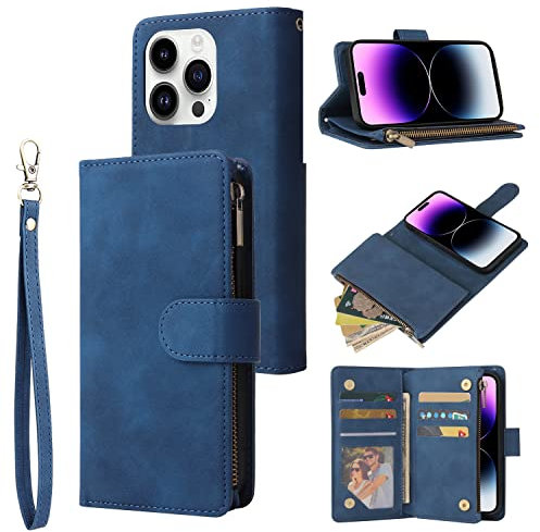 QLTYPRI Case for iPhone 15 Pro 6.1 inch, Large Capacity Leather Wallet Case 6 Card Holder & 1 Zipper Pocket Kickstand Wrist Strap Magnetic Case for iPhone 15 Pro - Blue