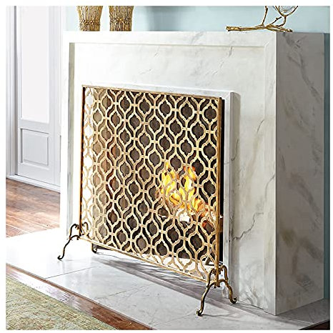 Fire Guard Screen Fire Guard 36.6 x 30 Inch Single Panel Wrought Iron Fireplace Screen, Metal Decorative Mesh Fire Spark Guard Fireplace Cover for Child and Pet Safety, Gold