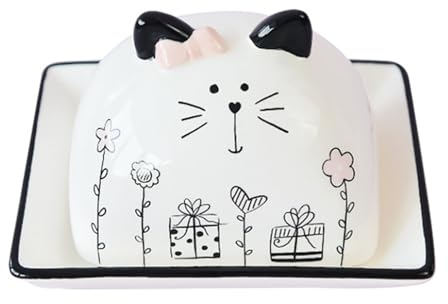 BURLOE Beurrier en Céramique, avec Couvercle Récipient Plaque Support Cuisine Couvert Chat avec Valise Organisateur Couverture Bande Dessinée Dessert Bol en Porcelaine,Blanc