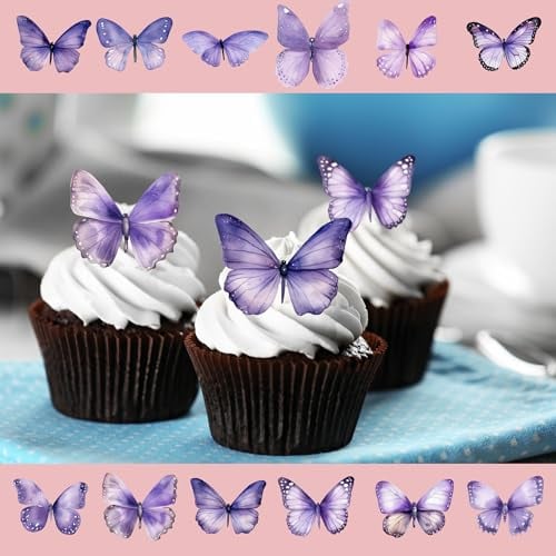 24 x Pre-Cut Beautiful Lilac Grey Pastel Butterflies Edible Wafer Rice Paper Cupcake Cake Dessert Toppers Birthday Party Wedding Decorations Butterfly