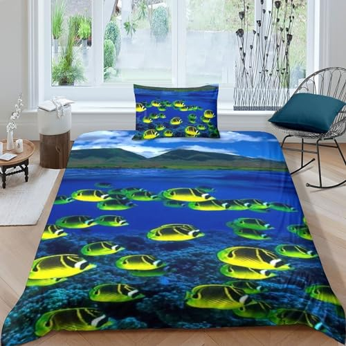 XILENY Bunte Fische Bettwäschegarnitur 3D Gedruckter Unterwasserwelt Bettbezug Set Mädchen Junge Kinder Bettwäsche Weich Microfaser Reissverschluss Und Kissenbezüge 2 Teilig Single(135x200cm)