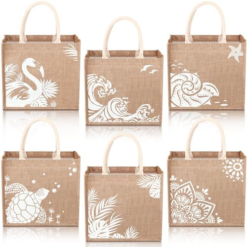 Coume 6 Pack Beach Burlap Tote Bags Bulk Large Beach Jute Tote Bag with Handles 14.2 x 12.6 x 7.5 for DIY Bridesmaid Gift(Main White)
