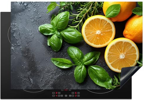 KitchenYeah© Herdabdeckplatte Einteilig Induktionsmatte Küche Abdeckung Ceranfeld Herd Abdeckplatte Deko Vinyl Matte Aufrollbar Obst - Grau - Konkret - Orange - Pflanzen - 76x51 cm
