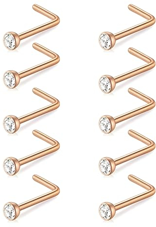 Decentraland 10 Stück Roségold-Weiß (L-förmiger Nasenring) Nasenstecker aus chirurgischem Stahl/Titan für Damen-Nasenloch-Piercing-Schmuck, 20 g