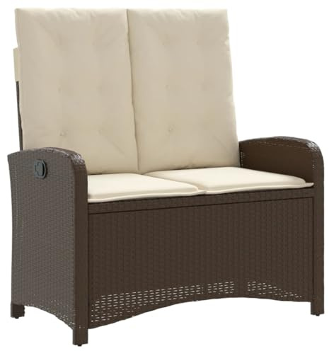 vidaXL Gartenbank Verstellbar mit Kissen, Bank mit abnehmbarem waschbarem Bezug, Sitzbank mit Stahlrahmen, Terrassenbank Gartenmöbel, Braun Poly Rattan