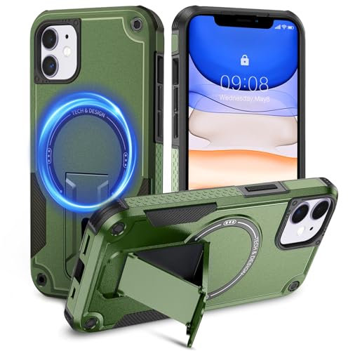 Tuvror Magnetic for iPhone 11 Case with Stand. [Compatible with MagSafe] Built-in Kickstand. Rugged Protection Heavy Duty Shockproof Case for iPhone 11 (Green)