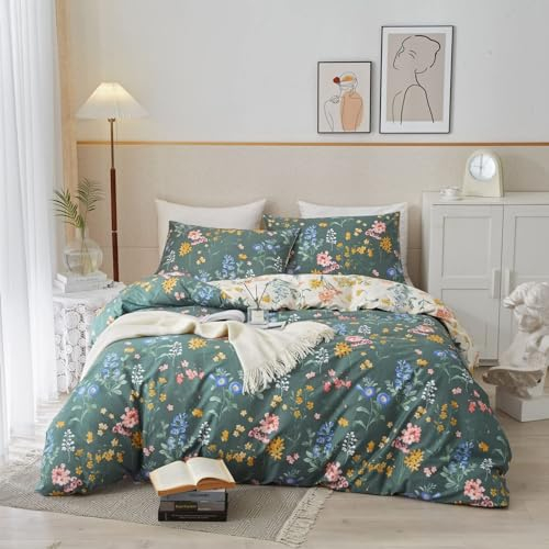 Freyamy Bettwäsche 220x240cm 3teilig Grün Dunkelgrün Bunt Blumen Blätter Pflanzen Wendebettwäsche Floral Mädchen Bettwaren-Sets 100% Microfaser Bettbezug mit Reißverschluss und 2 Kissenbezug 80x80cm