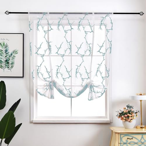 Raffrollo Mit Schlaufen, Raffgardinen Gardinen Küche Bindegardine Transparent Schlaufenrollo Vorhänge Mit Stickerei，1 Stück (BxH 100x140cm,Hellblau)