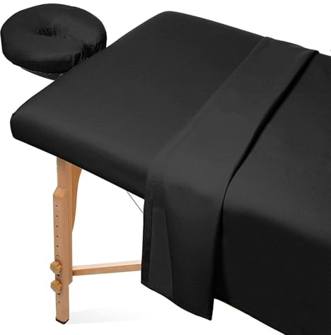 Surwin Drap Housse de Protection 3 Pièces pour Table de Massage, Housse Table Massage avec Trou Drap de Lit Massage SPA Doux Elastique Couverture de Table de Salon de Beauté (80x185cm,Noir)