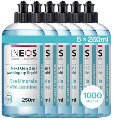 INEOS Next-Gen 2in1 Washing Up Liquid, 3L (500ml x 6), 1000 Sinkfuls, Dishwashing + Handwashing, Plant Powered, Sea Minerals + Wild Jasmine