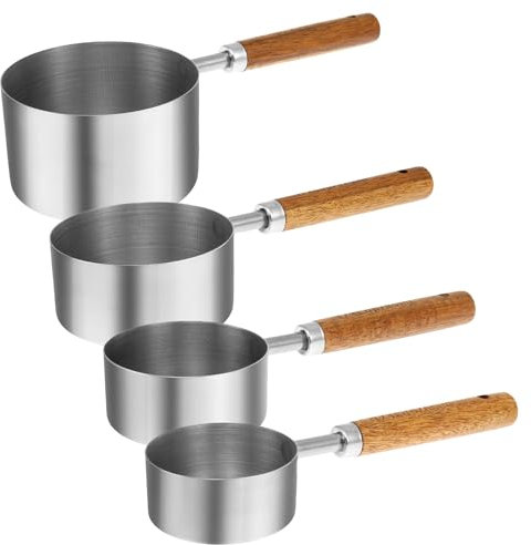 4Pcs Food Measuring Cup Stainless Steel 1/4, 1/3, 1/2, 1 Cup Food Scoop with Wooden Handle Multifunctional Nesting Pet Food Scoop for Pet Rice Flour Dry and Liquid Ingredients Baking Cooking