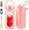 poweco Trinkflasche Glas 1,8L mit Strohhalm und Griff, 1800ml Wasserflasche Glas mit Silikonhülle, Motivation Glas-Trinkflasche mit Zeitmarkierung, Glasflasche für Gym, Sport, Outdoor. (Rosa)