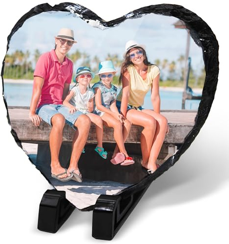 Personalisierbares Foto Schiefer 20 x 20 cm – herzförmige Plakette mit | Glänzendes Andenken Geschenk für Geburtstag, Jahrestag, Hochzeit, Gedenk; personalisierter Bilderrahmen in Naturstein