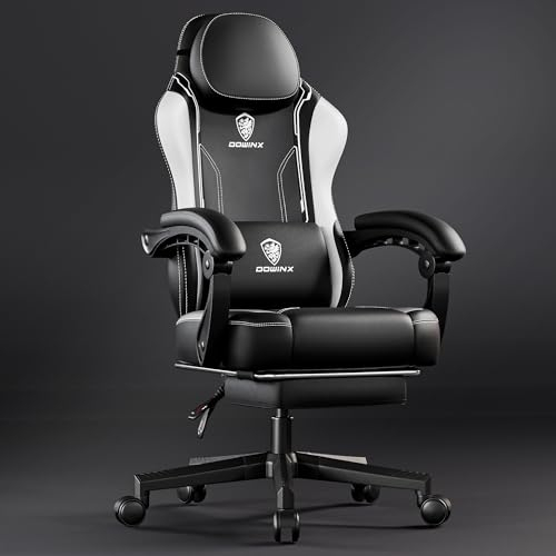 Dowinx - Sedia da gaming, PC, ufficio e videogiochi, ergonomica, dotata di supporto lombare, in pelle sintetica PU, schienale largo, 150 kg, bianco