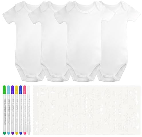 KASURE 4-teiliges Set Lätzchen Zum Bemalen, Baby Strampler Für Baby Party Spiele, 7 Wasserlösliche Stoffstifte Und 16 Zeichenvorlagen Zur Verwendung Als Lätzchen Bemalen Babyparty