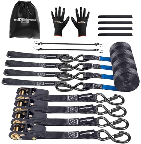 maXpeedingrods 4X 997kg Spanngurte mit Ratsche 4,5m, Schwarz mit Haken | EN 12195-2, Schutz der Geräte beim Transport, Motorrad Spanngurt 25mm, Bonus Aufbewahrungstasche