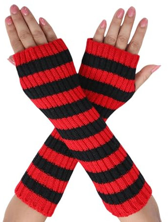 Symphonyw Damen Lange Fingerlose Handschuhe, Gestreift Stricken Armstulpen, Weiche Winter Armwärmer mit Daumenloch (Rot+Schwarz)