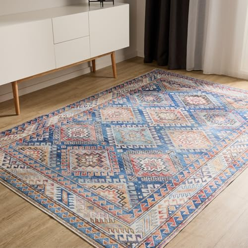 benuta Basic Waschbarer Teppich George - Blau 80x150 cm - Kunstfaser - Rechteckig & im Style: Vintage, Elegant, Retro - Pflegeleicht für Wohnzimmer Schlafzimmer
