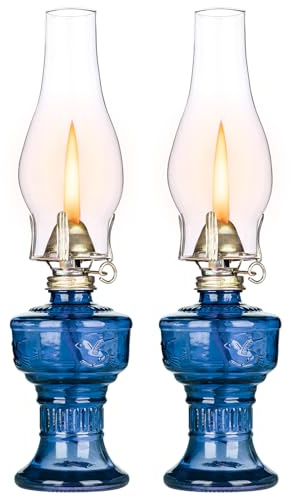2 Pcs Chamber Oil Lamps for Indoor Vintage Kerosene Lamp Rustic Hurricane Kerosene Lantern with Adjustable Fire Wick Lighting Oil Lantern for Tabletop Decor and Emergency Lighting (Blue)
