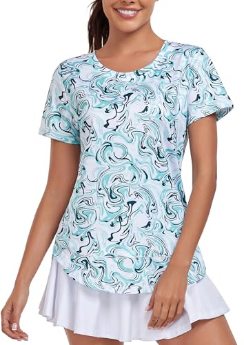 Deaviya Women's Sports T-Shirt Gym Tops, Short Sleeve Workout Casual Running Tops, Ladies Gym Yoga Sports Top, Crew Neck Fitness T-Shirts for Women, Loose Side Split Tee,Print Green 3XL
