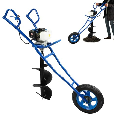 DHQCQL 52CC 2-Takt Benzin Erdlochbohrer, Erdbohrer Elektrisch mit Trichter, 1.46KW Handheld Gartenbohrer für Bauernhof Forstsämlinge, Weinbergstützen, Gemüsepflanzung (Blau)