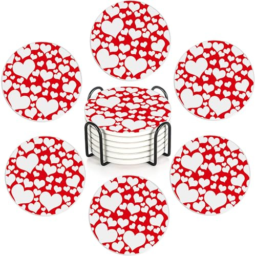 Red Heart Love Set of 6 Absorbent Ceramic Coasters with Cork Base & Holder,10cm Round Drink Mats for Mugs, Wine Glasses - Spill Protection for Wood/Glass Tables