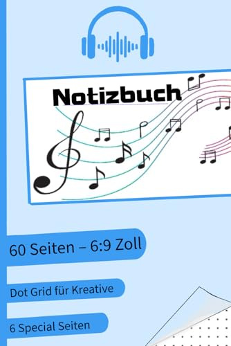 Notizbuch, Skizzenbuch Dot Grid – Musik Edition | 60 Seiten, 6:9 Zoll | Kreatives Musikjournal mit Special-Seiten – Blau