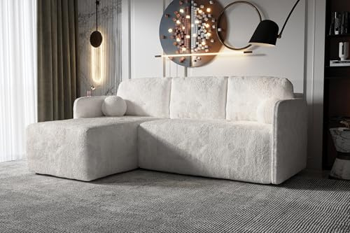 AlpiMeble L-förmiges Sofa Gloom - Modern Couch mit Stauraum - Ecksofa mit schlaffunktion - Eleganter Abriamo-Stoff - Weiß - 212x142x92 cm