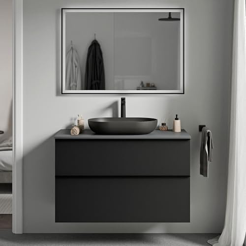 BERNSTEIN - Waschbeckenunterschrank zum Aufhängen, für Badezimmer, MDF, schwarz, matt, Waschbecken, Anthrazit, matt, Metallgriff, Chrom, 80 x 46 x 62 cm – LAVOA