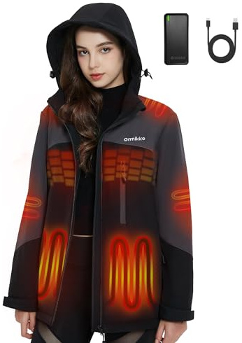 ORRNIKKO Heated Jacket for Women with Battery Pack 20000mAh - Waterproof Electric Heated Jacket with Hood, Keeping Warm for Winter Outdoor Work, Travelling, Daily Wear, Gift Giving