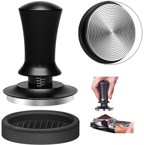 Kaffee Tamper 58mm mit Silikonpad - Espresso Stampfer Edelstahl Kalibriert | mit Feder für 58mm Siebträger, Drehbarer Barista Tamper mit Griff und Basis Abnehmbar