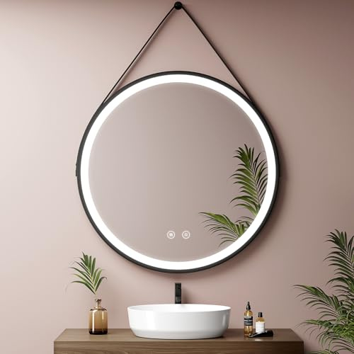 EMKE Badspiegel mit Beleuchtung Rund 80 cm – Schwarzer Badezimmerspiegel mit abnehmbarem Spiegelband, Antibeschlag, dimmbarem kaltweißem Licht, Touchschalter & Autoabschaltung