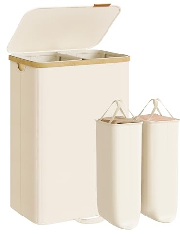 SONGMICS Wäschekorb mit Deckel, 150 Liter, 2 Fächer, Bambusrahmen | Wäschesammler, Wäschesack herausnehmbar, für Waschküche, Schlafzimmer, weiß und gelb, ROXANNE Kollektion LCB532WD01