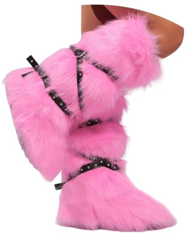 ORANDESIGNE Femme Bottine en Peluche Fourrure Hiver Bottes de Neige Plate Bottines Fourrées Y2K avec Boucle de Ceinture A Rose 44 EU