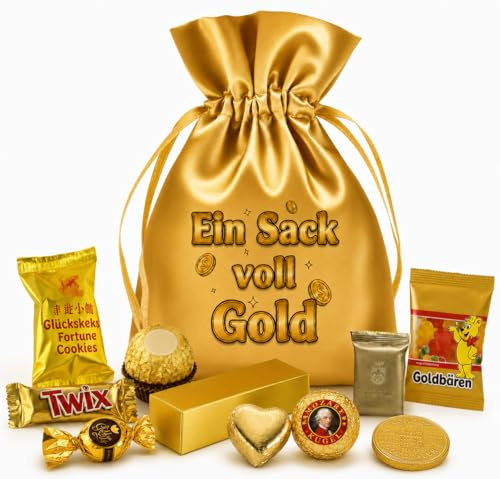 Ein Sack voll Gold – wiederverwendbarer Satin-Geschenkbeutel mit lustigem Aufdruck als Geld-Geschenk mit goldenen Leckereien & befüllbarem Goldbarren, Größe L
