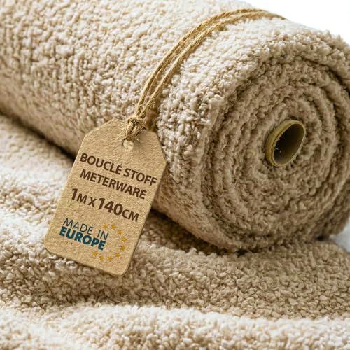 Bouclé Stoff Meterware 1 M x 140 cm Teddystoff – Möbelstoff Polsterstoff für Sofa Sessel Bezug Kissen Decken Gardinen weich und strapazierfähig mit Oeko Tex Beige
