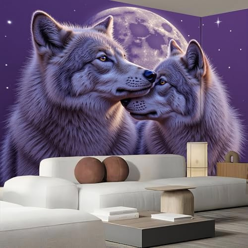 Sala De Estar Mural 200X140Cm Fantasía Luna Llena Lobo Cielo Nocturno Animal Papel Tapiz Grande Fotomurales Púrpura Mural Se Aplica Pared Panorámico Para Dormitorio Tv Pared Murales Póster