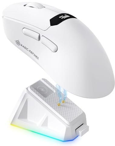 A.JAZZ x Magic-Refiner R1 Gaming Mouse with Magnetic Charging Dock,PixArt PAW3311 Gaming Sensor, BT/2.4G Wireless/Wired Screen Display Mouse, 25000 DPI Mice for Office/Gamer (A-White)