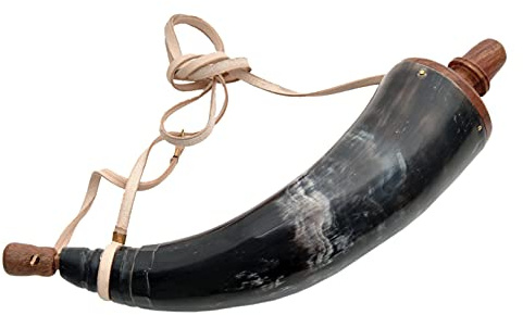 SZCO Supplies 14-Inch Black Powder Horn with Leather Strap – Genuine Horn with Wooden Plugs for Black Powder Storage, Hunting, and Historical Reenactments