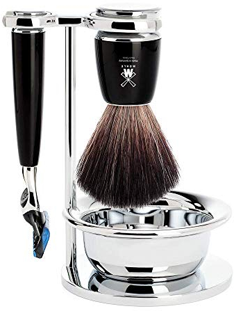 MÜHLE Rytmo Rasierset - Schale, Black Fibre-Pinsel, Rasierer kompatibel mit Gillette-Klingen, Ständer, Edelharz-Griffe