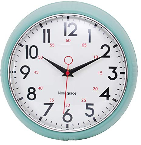 Kiera Grace Reloj de Pared Retro con Bisel Cromado y Lente de Cristal Convexo, 22,5 cm, 2,5 Pulgadas de Profundidad, Verde