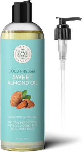 Pure Body Naturals Sweet Almond Oil for Skin and Hair, Cold Pressed Almond Oil, Almond Body Oil, Sweet Almond Carrier Oil, Fast Absorbing Moisturizer, 16 fl oz