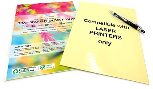 EVG 10 Fogli A4 Impermeabile Vinile Lucido Autoadesivo Carta Adesiva Trasparente, Carta da Stampa Adatta per Stampanti Laser, Fogli Adesivi Trasparenti per Adesivi Personalizzati Decalcomanie