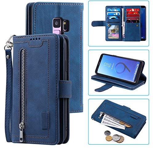UEEBAI Hülle für Samsung Galaxy S9, Vintage Reißverschluss Handyhülle PU Leder Handytasche Silikon Bumper mit 9 Kartenfächer Standfunktion Geldbörse Trageband Schutzhülle Flip Wallet Case - Blau