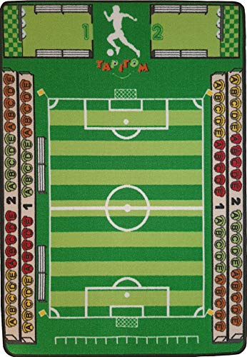 TAPITOM | Kinderfußballteppich - 95 x 133 cm | Fußballteppich | Fußballspielmatten | Fußmatten für Kinderzimmer Football Universe | rutschfest, Saum | CE-Normen