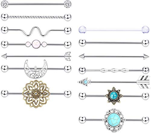 Milacolato 14Pcs 14GIndustrial Barbell Piercing Ohr Stab 38MM für Damen Männer Edelstahl Industrial Langhantel Ohrring Knorpel Ohrringe Body Piercing Schmuck Silber & Roségold Ton