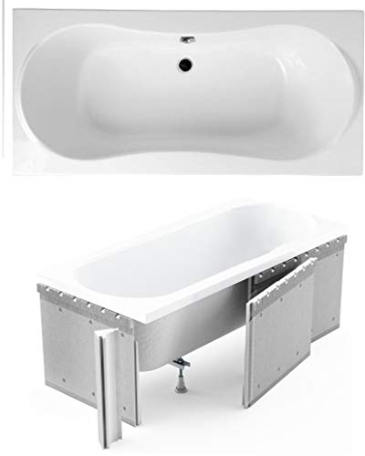 ECOLAM® Badewanne Wanne Rechteck Long Polimat Acryl weiß 170x80 cm Mittelablauf + Styroporverkleidung zum Verfliesen + Ablaufgarnitur Ab- und Überlauf Automatik Füße Silikon Komplett-Set