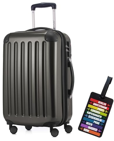 Hauptstadtkoffer - Alex Handgepäck Kabinentrolley Bordgepäck Hartschalen-Koffer, sehr leicht, TSA Zahlenschloss, 55 cm, 42L, Graphit + Design Kofferanhänger